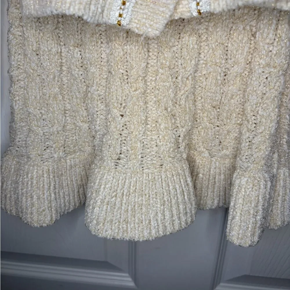 Badgley Mischka Cream Cable Knit Pearl Button Gold Metallic Sweater Set Girl 3T